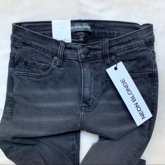 NEON BLONDE Skinny Jeans Distressed Raw hem Black Denim High rise waist Size 25 - Picture 5 of 14